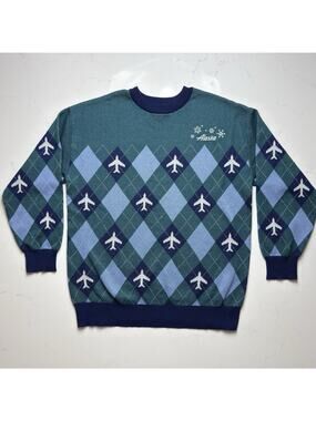 Alaska Airlines Holiday Crewneck Pullover Sweater Size XL Blue Teal Planes
